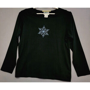 The Quaker Factory Christmas Snowflake Top Womens Large Black Beaded 100% Cotton